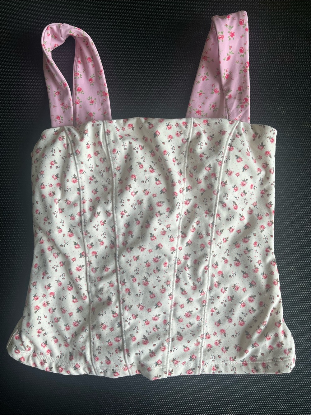 Blogilates White Floral Rose Corset Top With Bows Pink Straps Size S